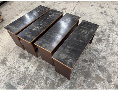 Bench seats, wood, brown/black, catches and chips....