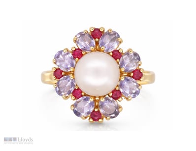 NATURAL TANZANITE, RUBY & PEARL RING ON 925 SILVER...