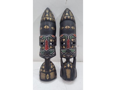 PAIR OF WEST AFRICAN WOODEN WEDDING MASKS WITH BEA...
