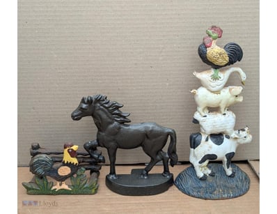 COLLECTION OF CAST IRON DOOR STOPPERS, LETTER HOLD...