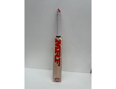 MRF cricket bat featuring a natural wood finish wi...