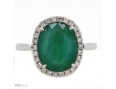 14K WHITE GOLD, EMERALD AND DIAMOND, HALO RING.   ...