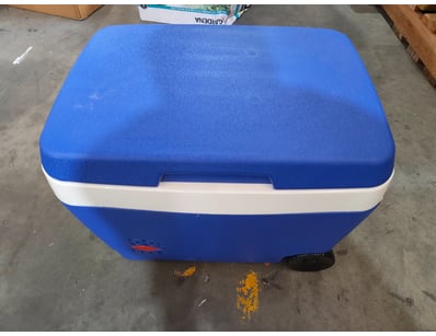 Blue and white portable cooler box with hinged lid...