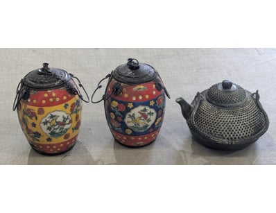 Pair of 1920's ceramic & metal opium pots