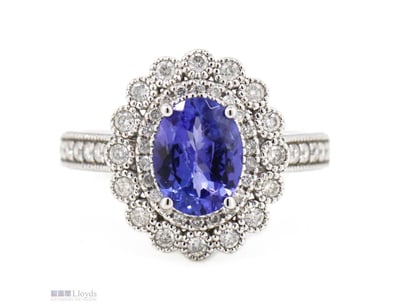14K WHITE GOLD, TANZANITE AND DIAMOND, DOUBLE HALO...