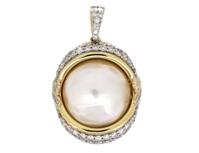 14K YELLOW GOLD, WHITE CULTURED MABE PEARL AND DIA...