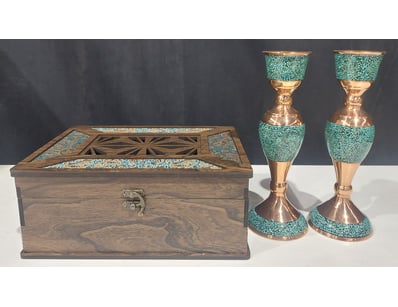 FIROOZEH KOOBI CANDLESTICKS ALONG WITH WOODEN BOX....