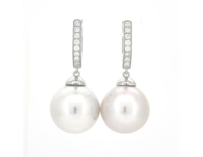 9CT WHITE GOLD SOUTH SEA PEARL AND DIAMOND DROP EA...