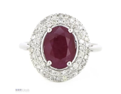 14K WHITE GOLD, RUBY AND DIAMOND, DOUBLE HALO RING...