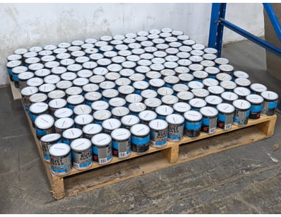 Pallet of paint, brands include White Knight, tin ...