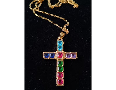 GOLD PLATED CROSS MULTI COLORED CRYSTALS AND CHAIN...