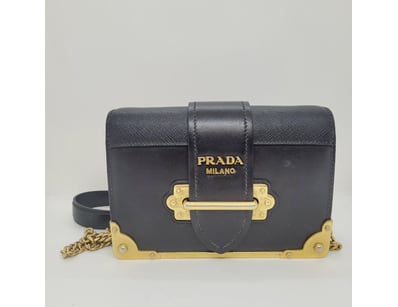 PRADA MILANO BLACK LEATHER SHOULDER BAG WITH GOLD-...