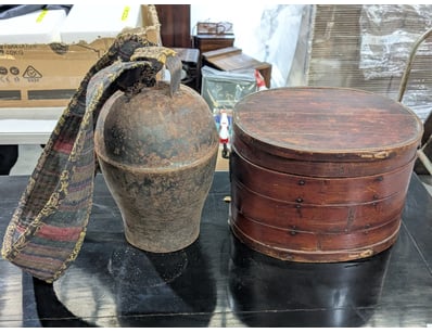 LAO BAMBOO BASKET WITH LID AND ANTIQUE TIBETAN YAK...