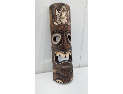 CARVED WOODEN TIKI TOTEM MASK WITH INLAY DETAIL, S...