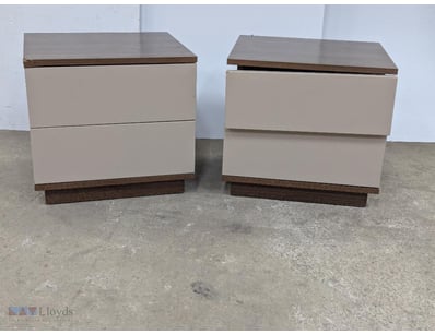 Bedside tables, timber, 2 drawer

Note: one has cr...
