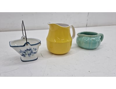 COLLECTION OF THREE VINTAGE CERAMIC PITCHERS AND C...