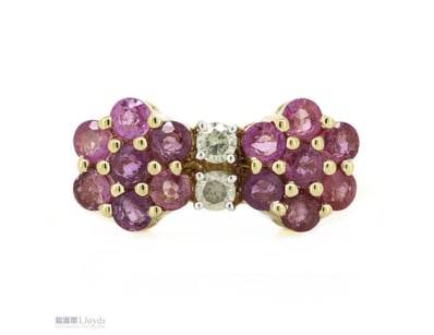 14K YELLOW GOLD, PINK SAPPHIRE AND DIAMOND, FLORAL...