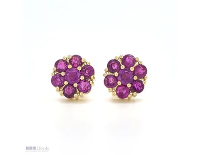 9CT YELLOW GOLD CEYLON RUBY FLORAL STUD EARRINGS  ...