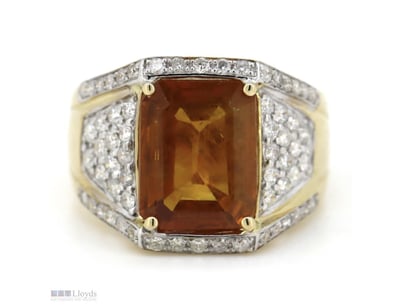 14K YELLOW GOLD, ORANGE SAPPHIRE AND DIAMOND, CLUS...