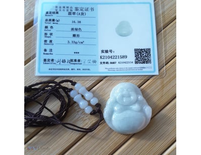 CERTIFIED CHINESE JADE HAPPY BUDDHA PENDANT NECKLA...