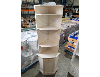 White painted corner cabinet unit featuring four o...