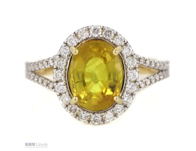 14K YELLOW GOLD, YELLOW SAPPHIRE AND DIAMOND, HALO...