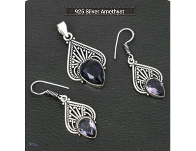 925 SILVER ETHNIC STYLE AMETHYST PENDANT AND EARRI...