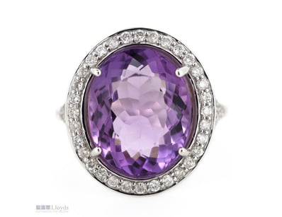 14K WHITE GOLD, 10.54CT AMETHYST AND DIAMOND, COCK...