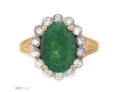 14K ROSE GOLD, EMERALD AND DIAMOND, HALO RING.    ...