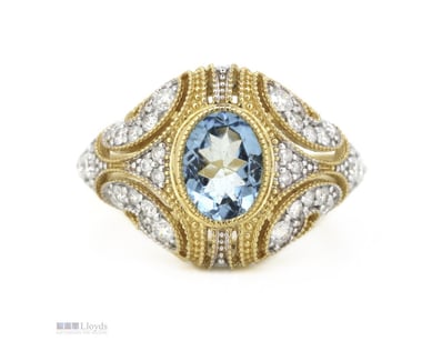 14K YELLOW GOLD, AQUAMARINE AND DIAMOND, STATEMENT...