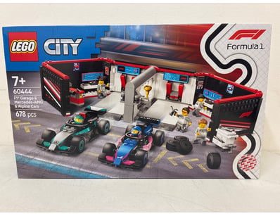 LEGO City Formula 1 set 60444 featuring an F1 Gara...