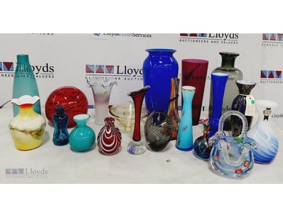 ASSORTED GLASS VASES INCLUDING, TAYIMA BLUE/ORANGE...