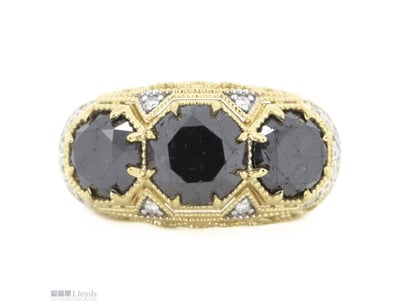 14K YELLOW GOLD, BLACK DIAMOND AND DIAMOND, TRILOG...