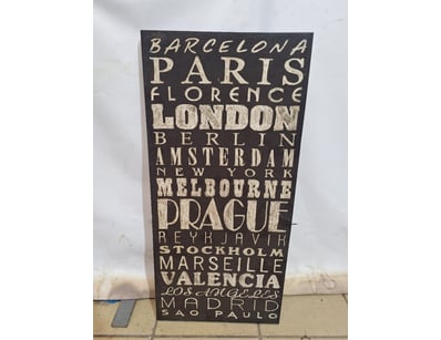 Decorative Wall Art Featuring A List Of Cities, Bl...