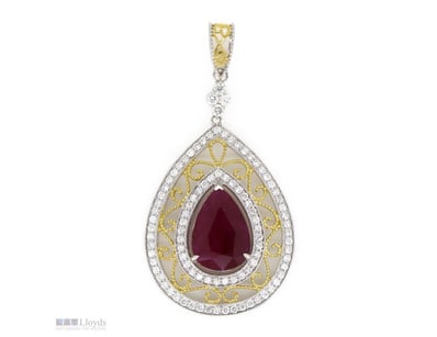 14K YELLOW/WHITE GOLD, RUBY AND DIAMOND, ORNATE ST...