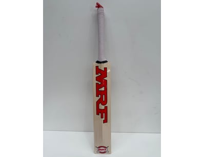 MRF cricket bat featuring a natural wood blade wit...