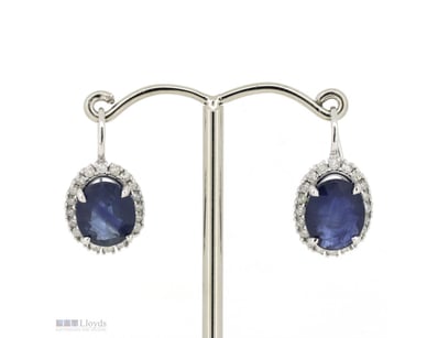 14K WHITE GOLD, SAPPHIRE AND DIAMOND, DROP EARRING...