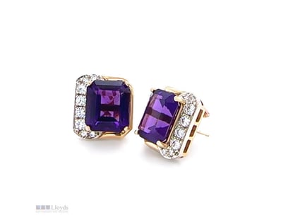 14CT YELLOW AND WHITE GOLD AMETHYST AND DIAMOND EA...
