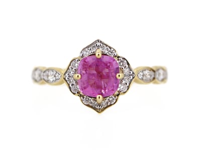 14K YELLOW GOLD, PINK SAPPHIRE AND DIAMOND, HALO R...
