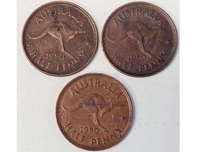 3X 1950 AUSTRALIAN HALF PENNY COINS

488567+9
...