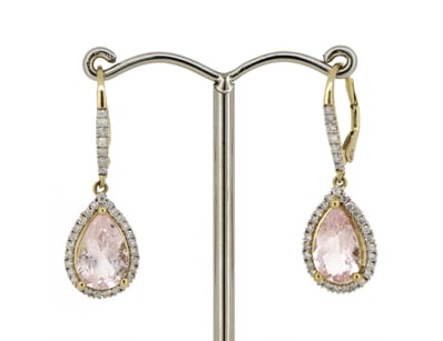14K YELLOW GOLD, MORGANITE AND DIAMOND, HALO DROP ...
