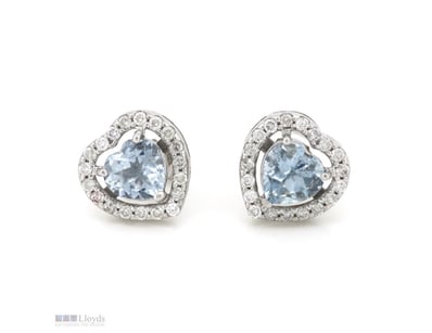 14K WHITE GOLD, AQUAMARINE AND DIAMOND, HALO STUD ...