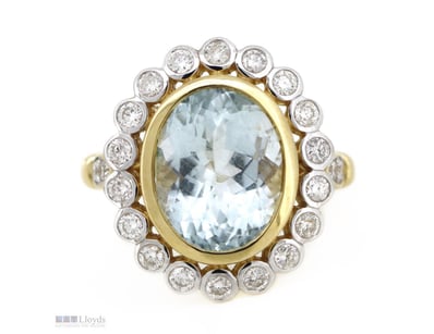14K YELLOW GOLD, AQUAMARINE AND DIAMOND, HALO RING...