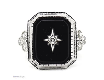 14K WHITE GOLD, BLACK ONYX AND DIAMOND, ART DECO I...