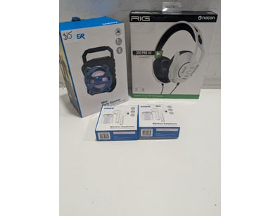 Assorted lot includes headphones, Laser mini speak...