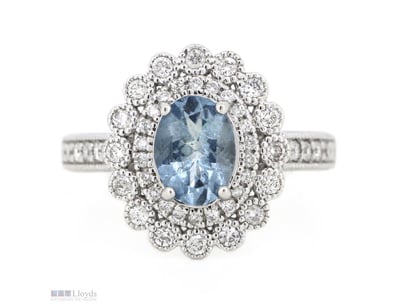 14K WHITE GOLD, AQUAMARINE AND DIAMOND, DOUBLE HAL...