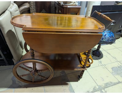 Serving trolley, timber, fold down sides, on wheel...