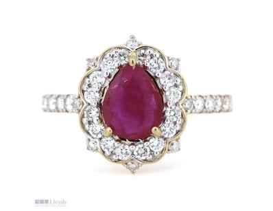 14K YELLOW GOLD, RUBY AND DIAMOND, HALO RING.     ...