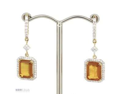 14K YELLOW GOLD, ORANGE SAPPHIRE AND DIAMOND, HALO...
