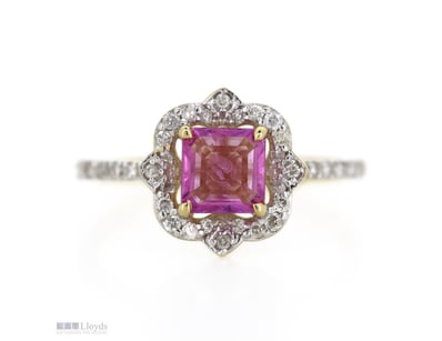14K YELLOW GOLD/RHODIUM, PINK SAPPHIRE AND DIAMOND...